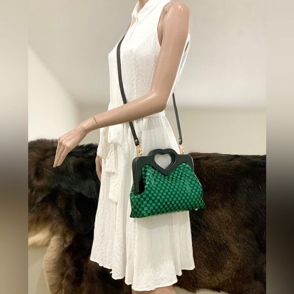 Handmade Genuine Cowhide Check Embossed, Chic Heart Shaped Wooden Frame Satchel - Picture 7 of 16